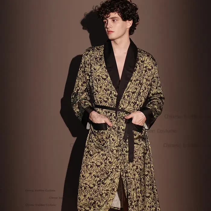 Robe en Satin pour hommes, vêtements de nuit imprimés, vêtements de maison, Kimono ample, vêtements de nuit en soie glacée, peignoir à revers, poche, vêtements de détente, nouvelle collection été prin