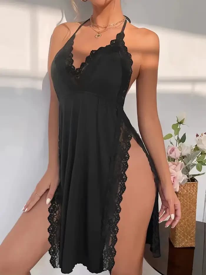 Chemise de nuit sexy dos nu imprimé léopard avec bordure en dentelle
