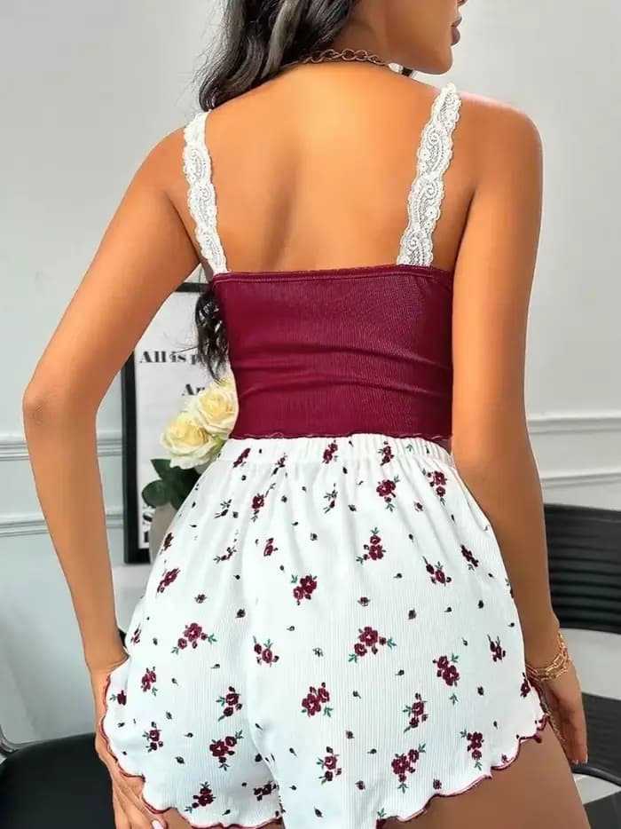 Ensemble pyjama d'été en dentelle à col en v pour femmes