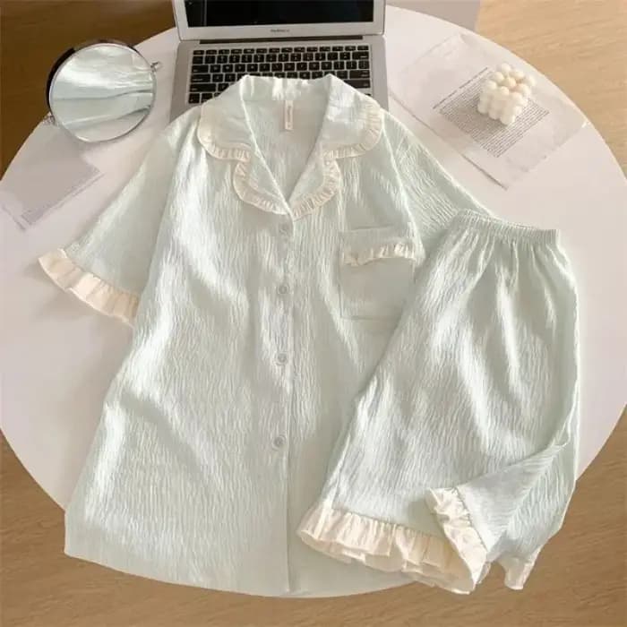Ensemble de pyjama à volants pour femme, doux, nouvelle collection été 2026, vêtements de nuit unis, simples, à manches courtes, 2 pièces, tenue décontractée coréenne, douce tenue de nuit
