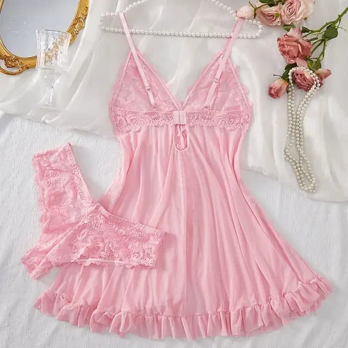 Chemise de nuit sexy en dentelle transparente pour femmes, lingerie rose, sous-vêtements, vêtements de nuit sexy, ensemble de string fin, robe de nuit élégante, pyjamas DeepVfur s