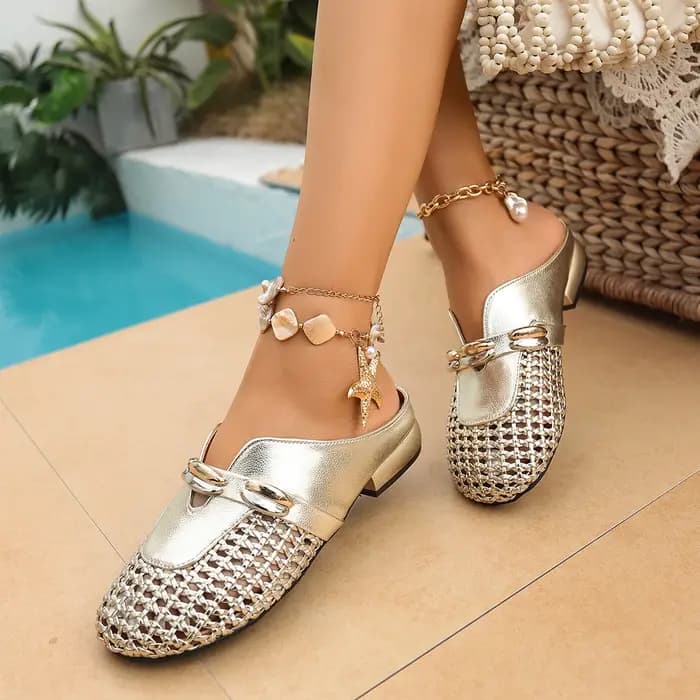 Baotou pantoufles automne nouveau bout rond bouche profonde boucle en métal semelle souple antidérapant bloc talon chaussures