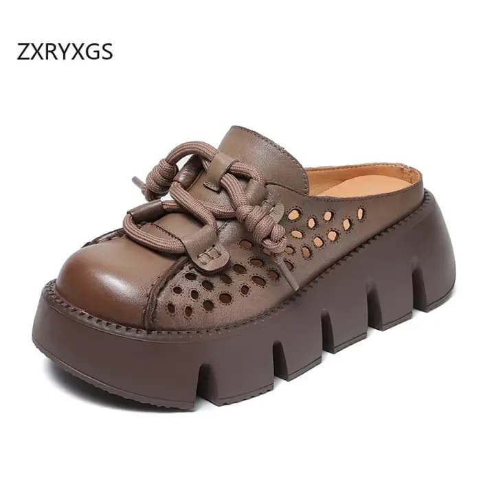 ZXRYXGS 2025 été Premium en cuir véritable creux bout rond extérieur pantoufle femmes sandales plate-forme hauteur augmenter pantoufles