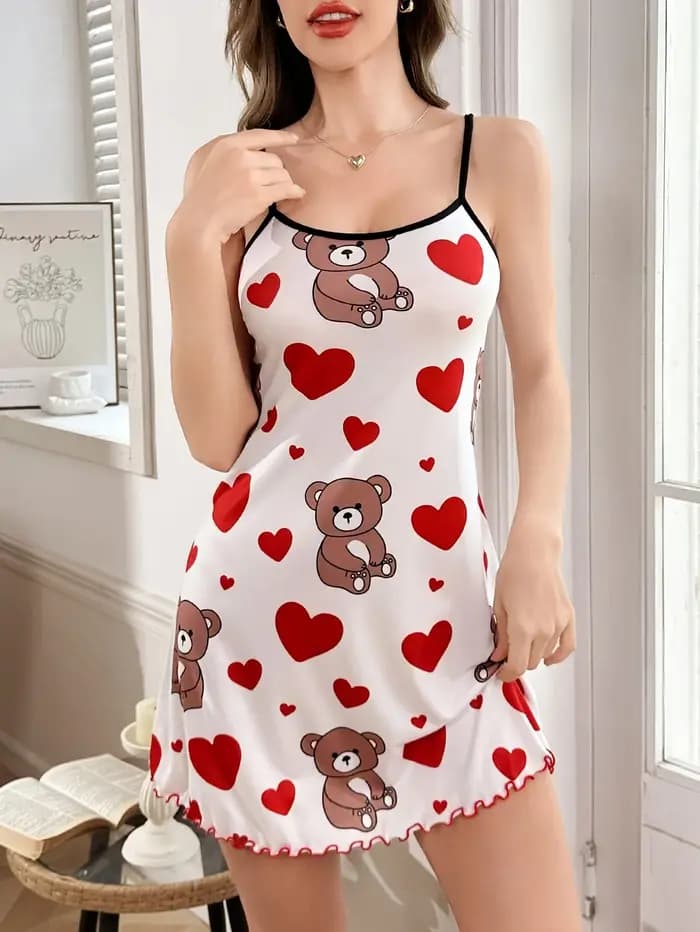 Chemises de nuit pour femmes imprimées ours en peluche et cœurs