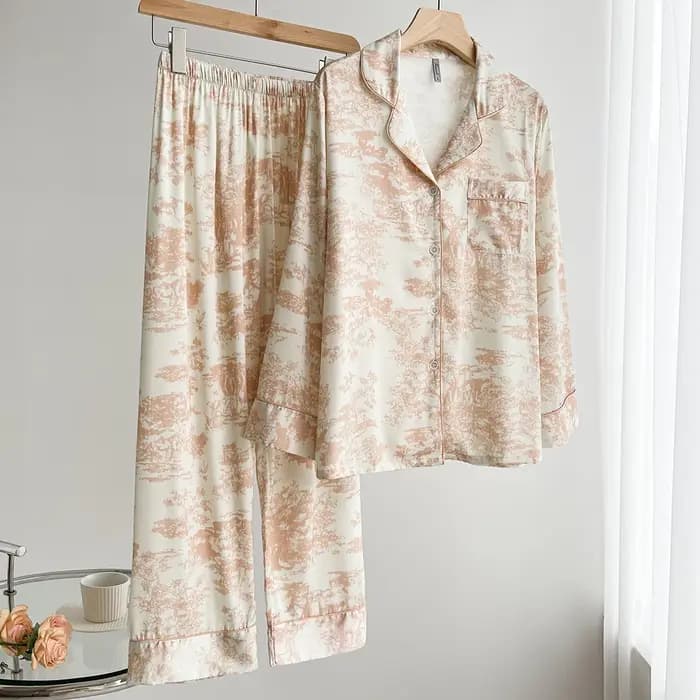 Pyjama à manches longues imprimé beige pour femmes