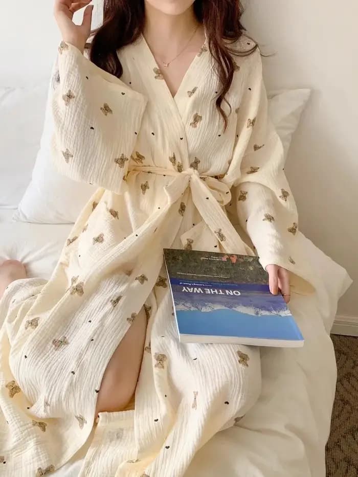 Robe de nuit femme printemps et automne nouveau Style japonais Ins mignon peignoir ours à manches lo