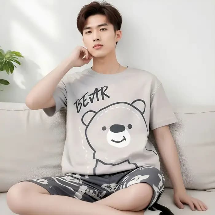 Ensemble de pyjama à manches courtes pour homme avec motif rayé de dessins animés - Vêtements de maison simples et décontractés pour garçons