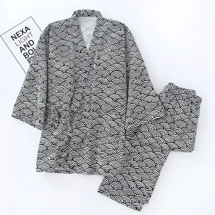 Pyjama de Style japonais pour hommes et femmes, ensemble Kimono enveloppant, imprimé ondulé Seigaiha
