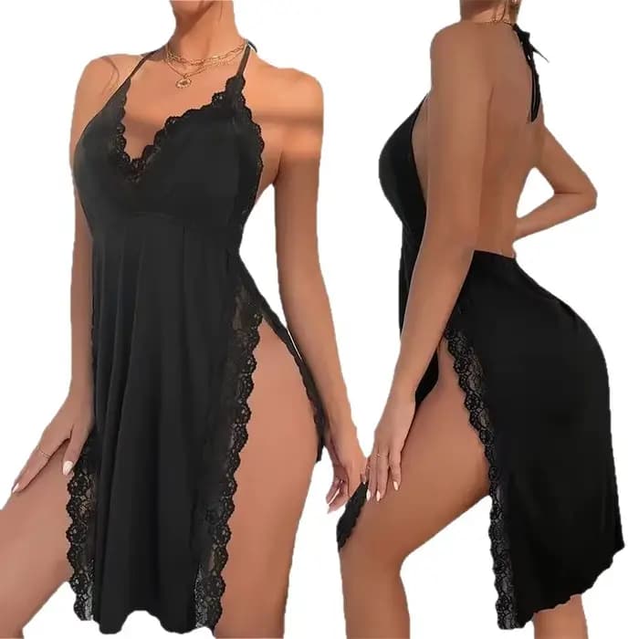 Chemise de nuit sexy dos nu imprimé léopard avec bordure en dentelle