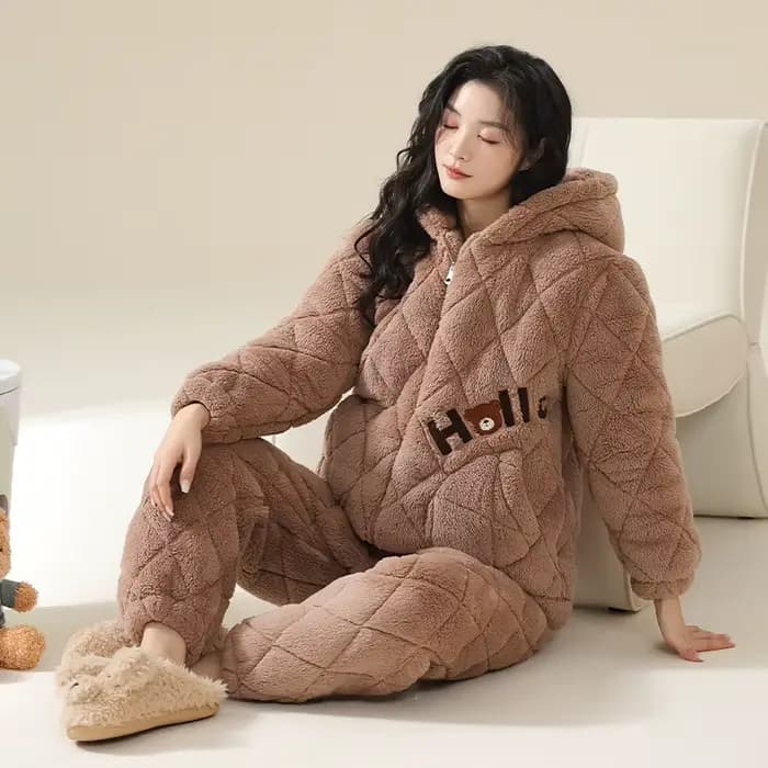 Hiver femmes pyjamas ensemble 3 couches pince coton à capuche Pijama femme épais chaud mignon dessin animé vêtements de nuit