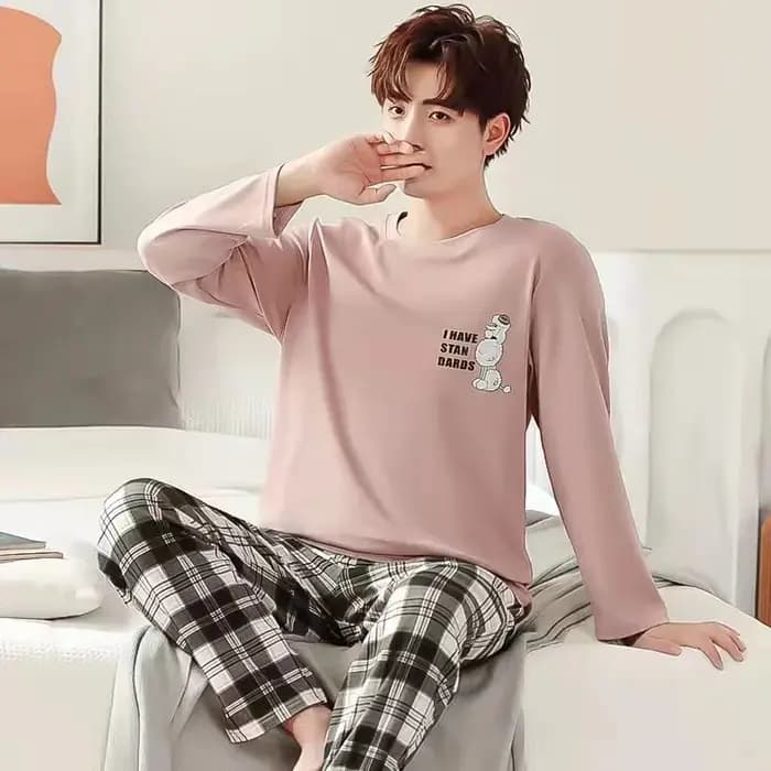 2 pièces nouveau printemps et automne hommes pyjamas ensemble garçons doux à manches longues sommeil repos maison fête
