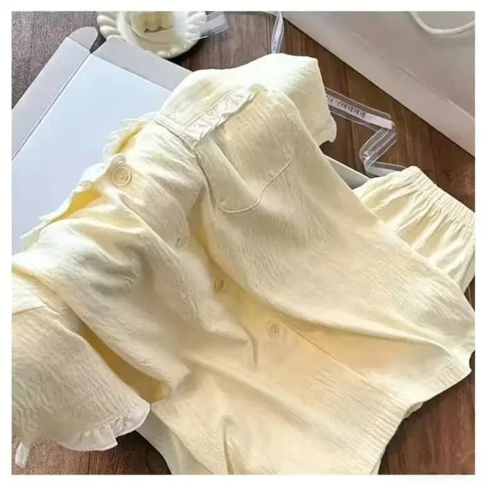 Ensemble de pyjama à volants pour femme, doux, nouvelle collection été 2026, vêtements de nuit unis, simples, à manches courtes, 2 pièces, tenue décontractée coréenne, douce tenue de nuit