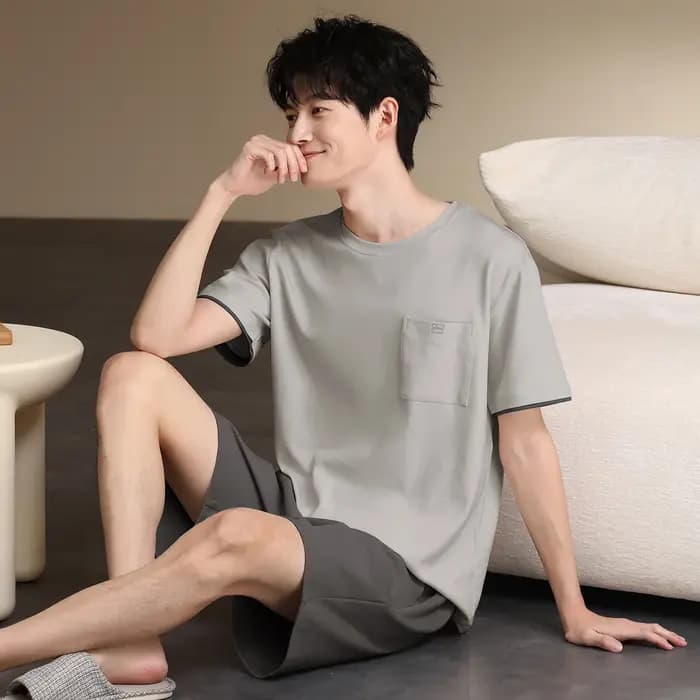 Pyjama Homme 100% Coton Tendance Manches Courtes et Short Ensemble 2 Pièces Été Pijama Hombre Cadeau Confort Maison