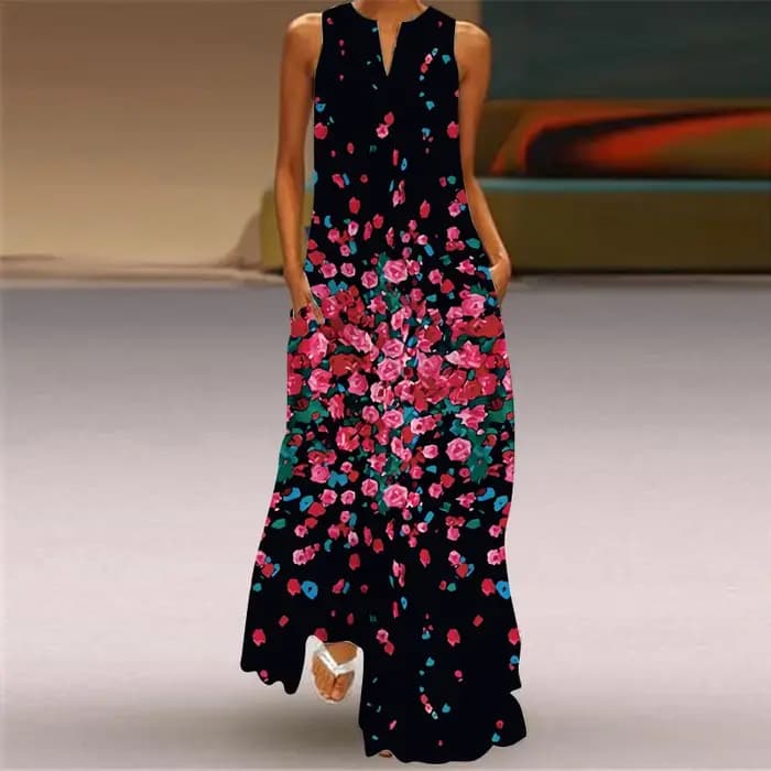 Robe longue à col en V pour femmes avec poche