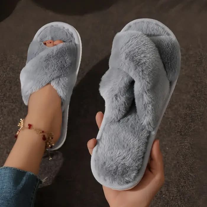 Croix chaud moelleux fourrure pantoufles femmes léger talons plats fourrure diapositives femme autom