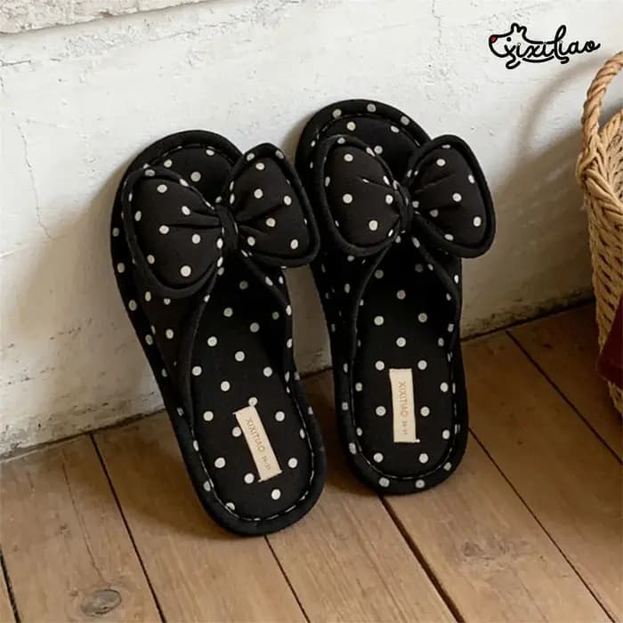 XIXITIAO Chaussons d'intérieur pour femmes, mode décontractée, en coton, avec nœud, à pois, chaussures plates confortables, sandales à bride unique