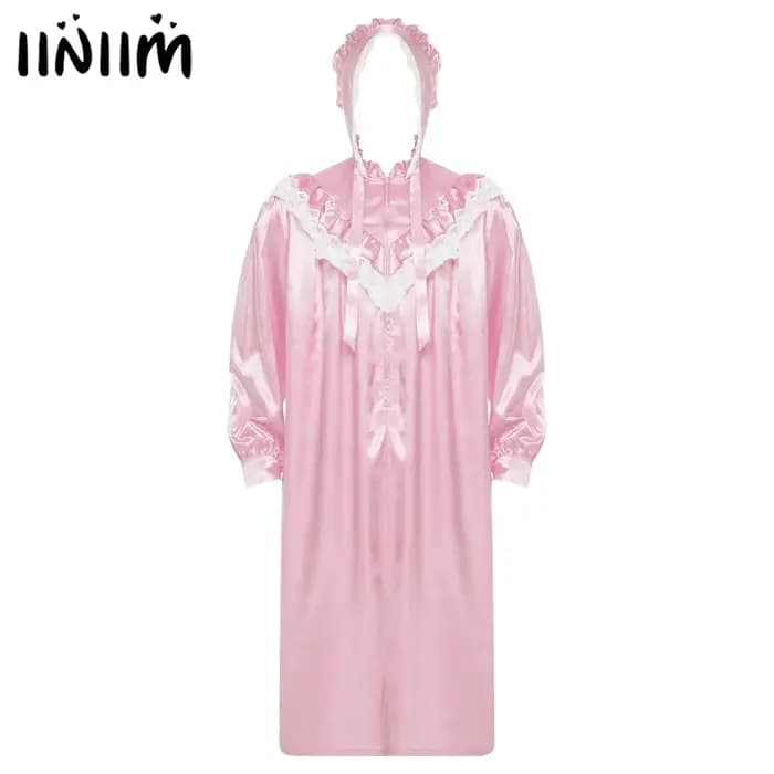 Pyjama victorien pour hommes, ensemble chemise de nuit avec chapeau, à volants et bordure en dentelle, manches longues, fermeture éclair sur le devant, robe de nuit satinée