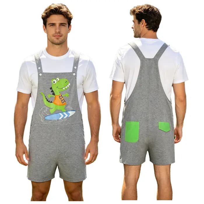 Pyjama pour hommes, imprimé dinosaure, short à bretelles, salopette, bretelles réglables, poches arr