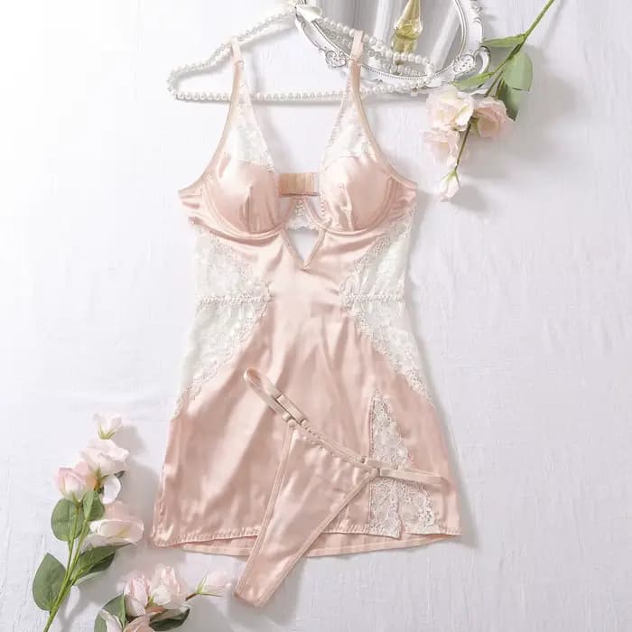 Ellolace Sexy col en V profond robe en Satin Lingerie Sexy dentelle Patchwork fendu Sissy robe de nu