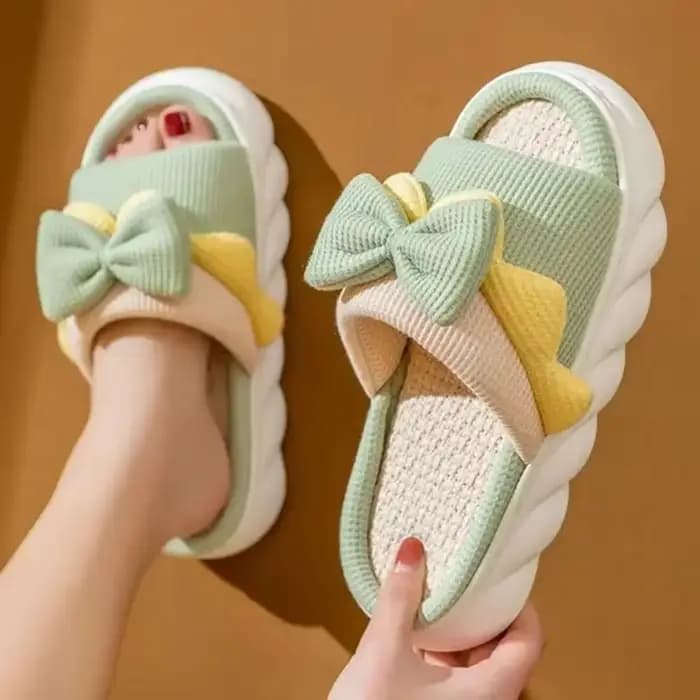 1 paire antidérapant nœud papillon femme lin pantoufles semelle épaisse orteil et trou nœud