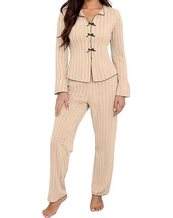 Ensemble de pyjama en tricot côtelé à manches longues pour femmes
