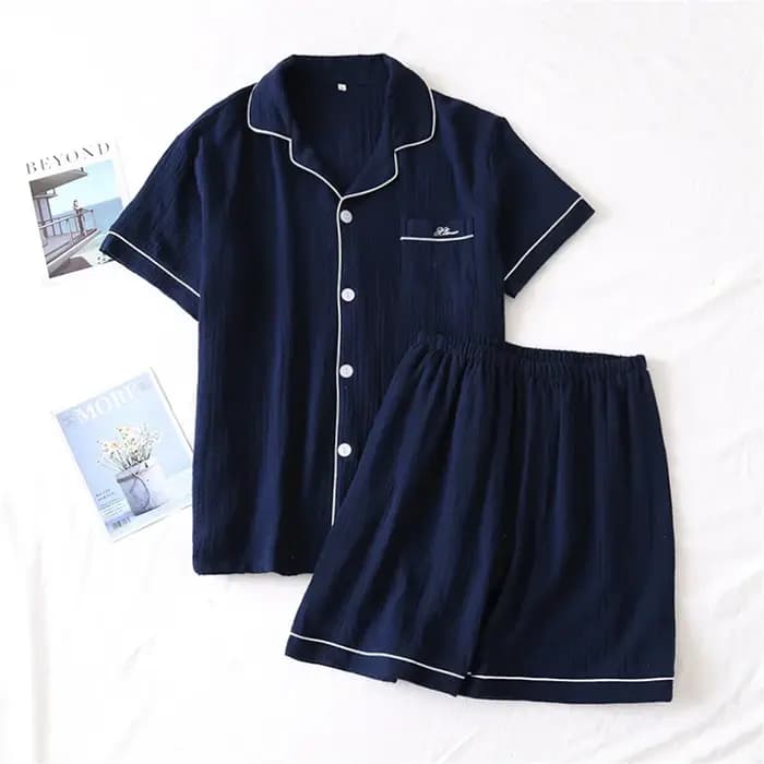 2025 nouveau été hommes pyjamas costume coton crêpe gaze couleur unie Simple à manches courtes chemi
