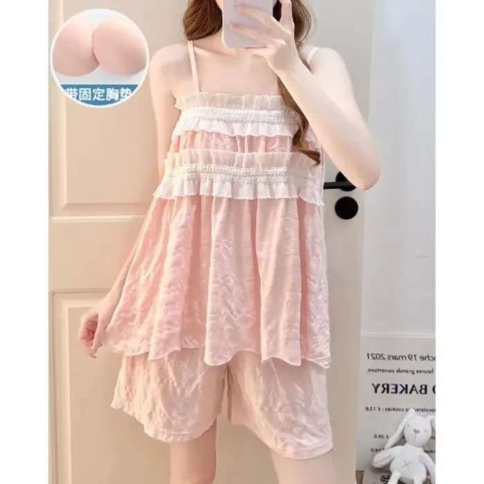 Ensemble de pyjama d'été style princesse pour femme avec coussinet de poitrine, short à bretelles, vêtements d'intérieur coréens, tenue décontractée ample à volants pour filles