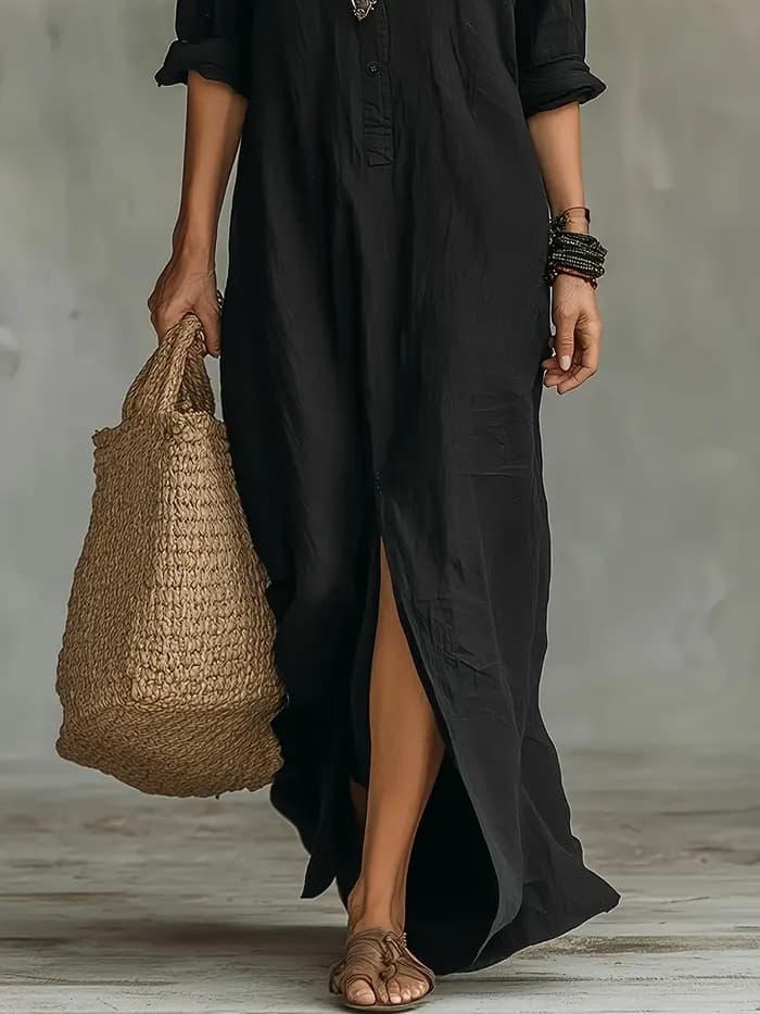 Robe longue en lin noir pour femme - Manches retroussables