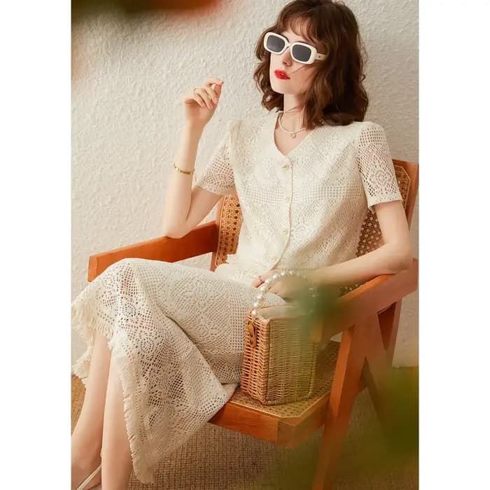 Modiis Yao-Ensemble deux pièces pour femme, robe élégante, col en V, manches courtes, couleur unie,