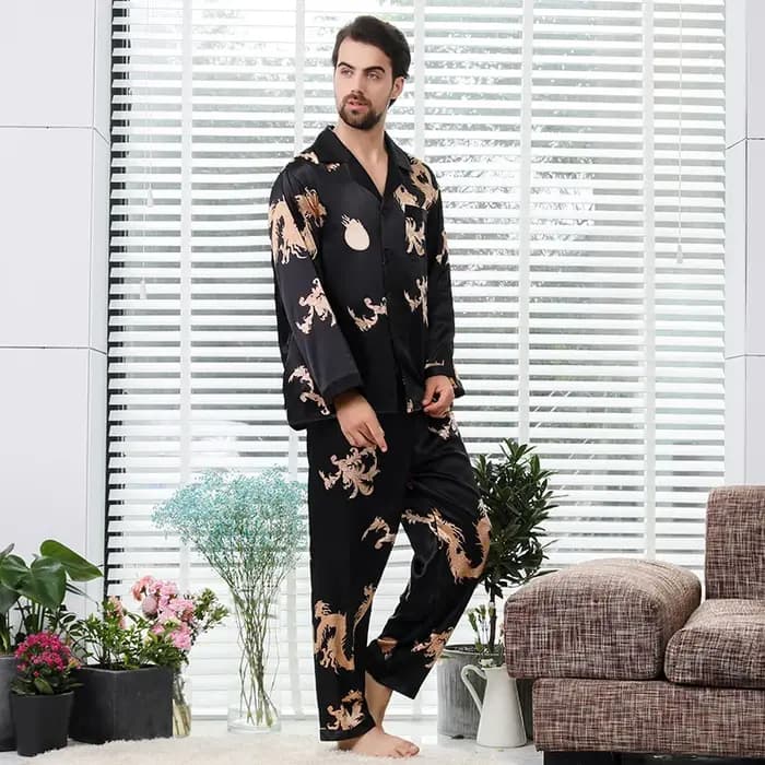 Ensemble de pyjama à manches longues pour hommes, vêtements de nuit deux pièces, rayonne, motif dragon, style chinois, maison, couples