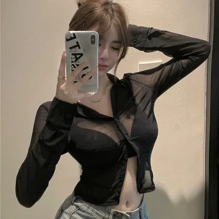 Voir à travers les chemises en mousseline de soie femmes 2024 printemps été Blouses à manches longues Sexy mode coréenne vêtements mince culture hauts noir Blusas