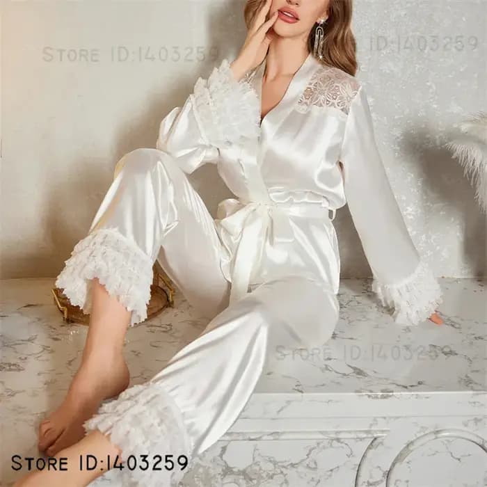 Ensemble pyjama de mariée en soie glacée blanche, vêtements de nuit, Sexy, Patchwork, dentelle, vêtements de détente, Cardigan à manches longues, pantalon, costume, vêtements de maison