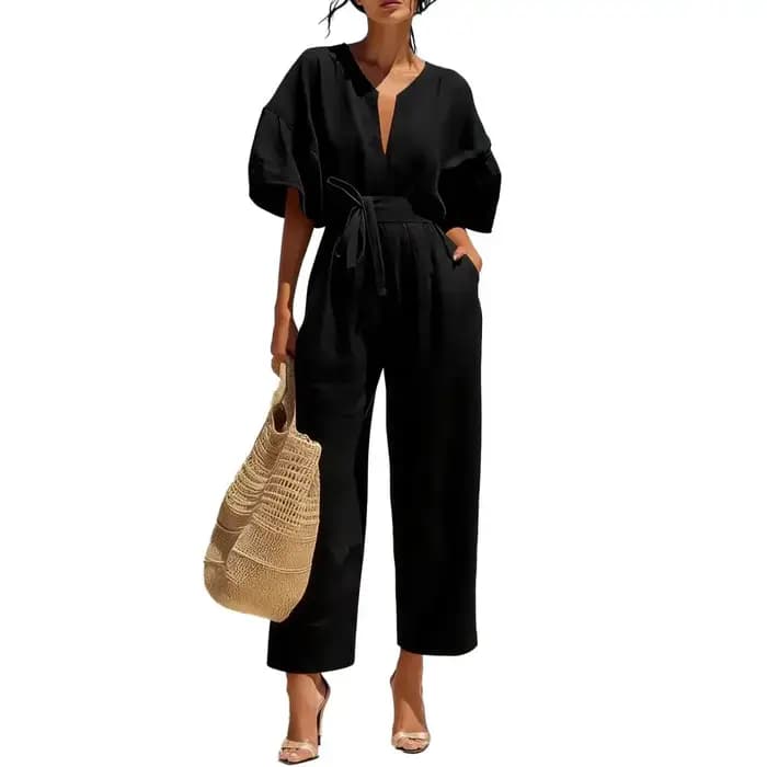 Combinaison confortable en coton et lin pour femme, avec poches, manches courtes cloche, col en V, jambes larges, pour l'été