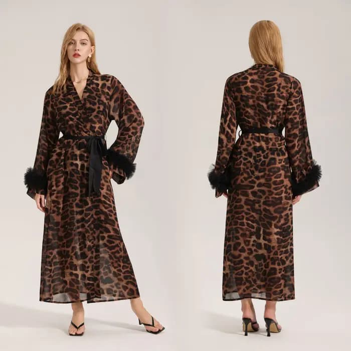 Robe de chambre à manches longues imprimé léopard en fil perlé