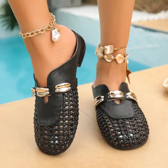 Baotou pantoufles automne nouveau bout rond bouche profonde boucle en métal semelle souple antidérapant bloc talon chaussures