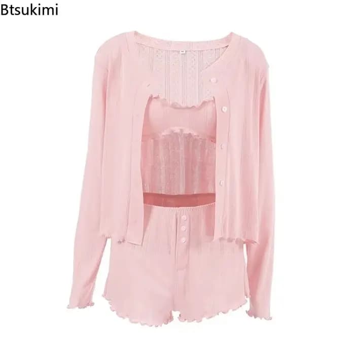 Printemps mode femmes vêtements de nuit costume col rond nuisette à manches longues pyjamas débardeurs