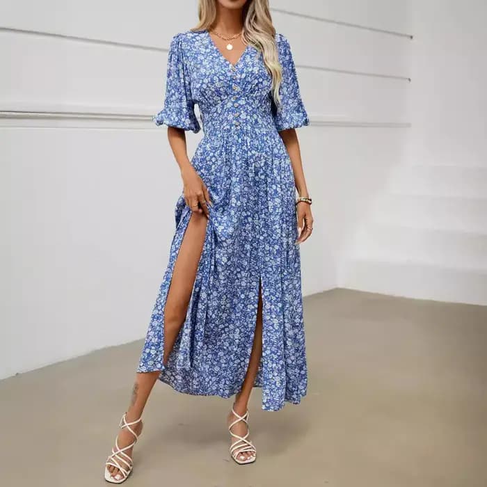 Canwelégiti- Robe longue en viscose à manches bouffantes pour femme