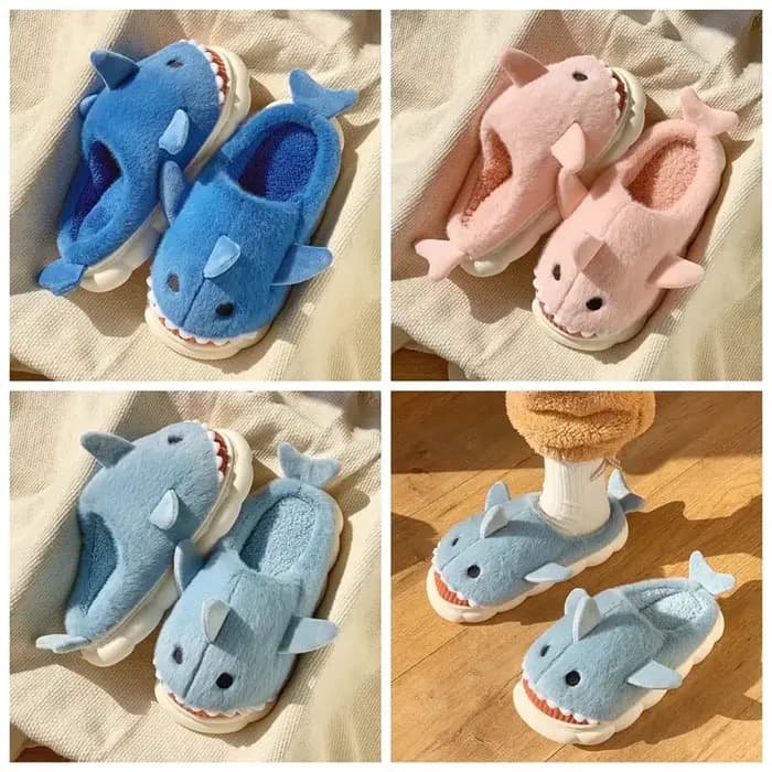 Pantoufles en peluche de requin nuageux mocassins d'hiver moelleux pour intérieur confortables avec semelle plastique et intérieur doux pour maison