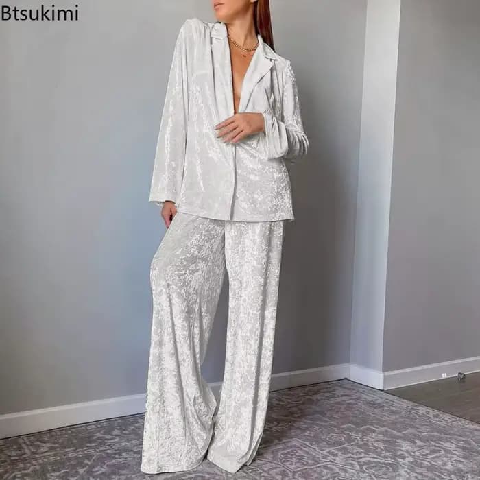 Nouveau velours Beige 2 pièces ensembles de vêtements de maison hiver hauts à manches longues et pantalons taille haute