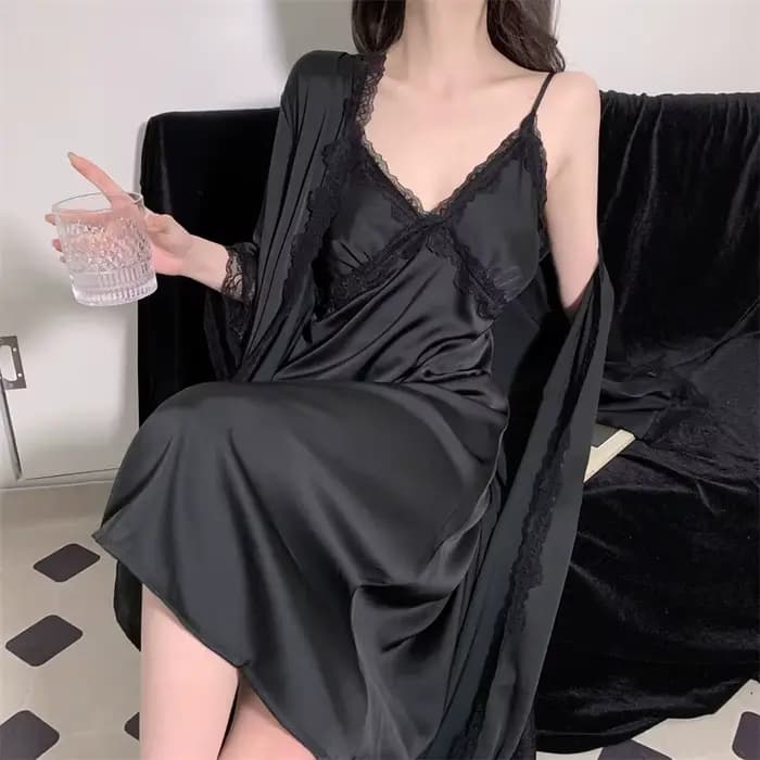 Élégant femme nuisette & Robe ensemble longue peignoir chemise de nuit Sexy dentelle garniture