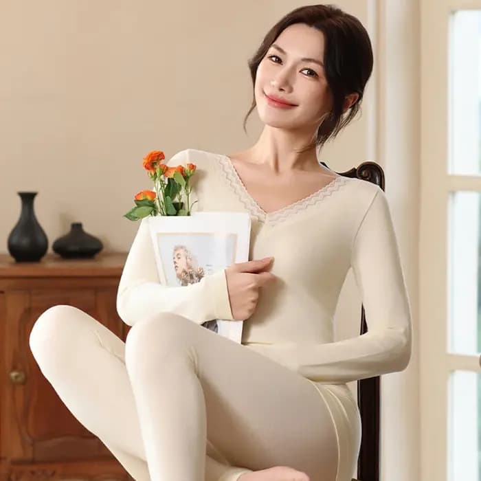 Ensemble de sous-vêtements thermiques Sexy dentelle femme vêtements d'hiver laine coton col en v sans couture mince