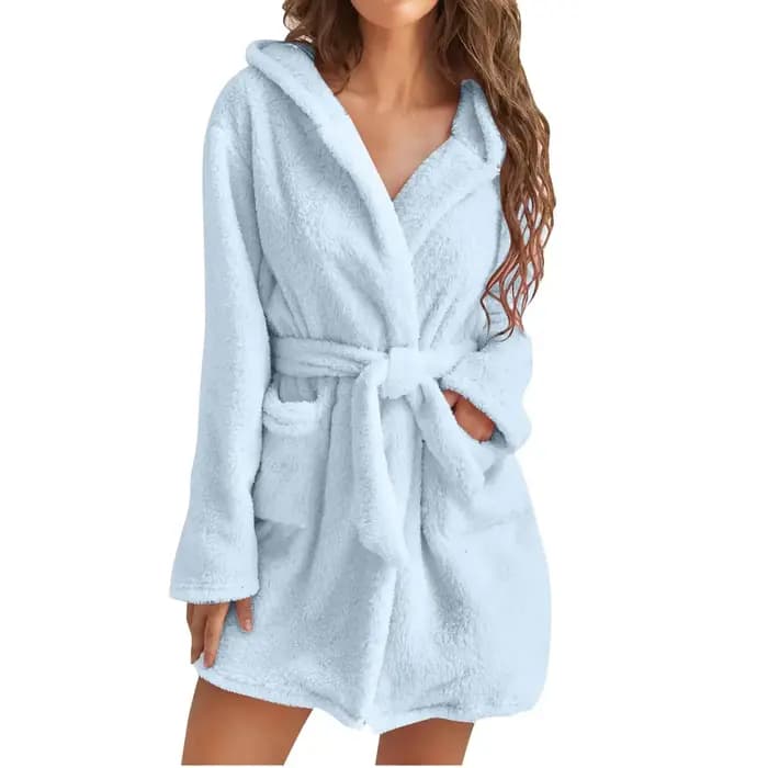 Femmes Robe de bain hiver moelleux en peluche pyjamas dames Sexy à capuche Robe de couleur unie chau