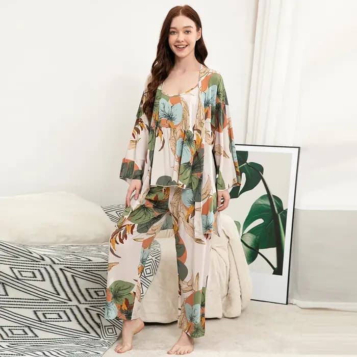 Ensemble pyjama 100% Viscose pour femmes, 3 pièces, vêtements de nuit amples pour la maison, imprimés, grande taille S-3XL