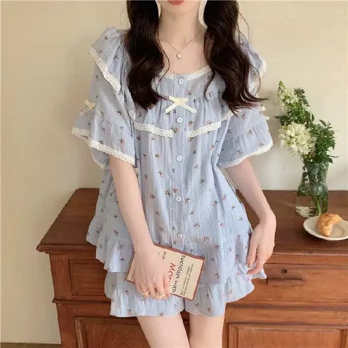 Pyjama d'été doux Style princesse pour femmes, ensemble de vêtements de maison en dentelle, petit Fl