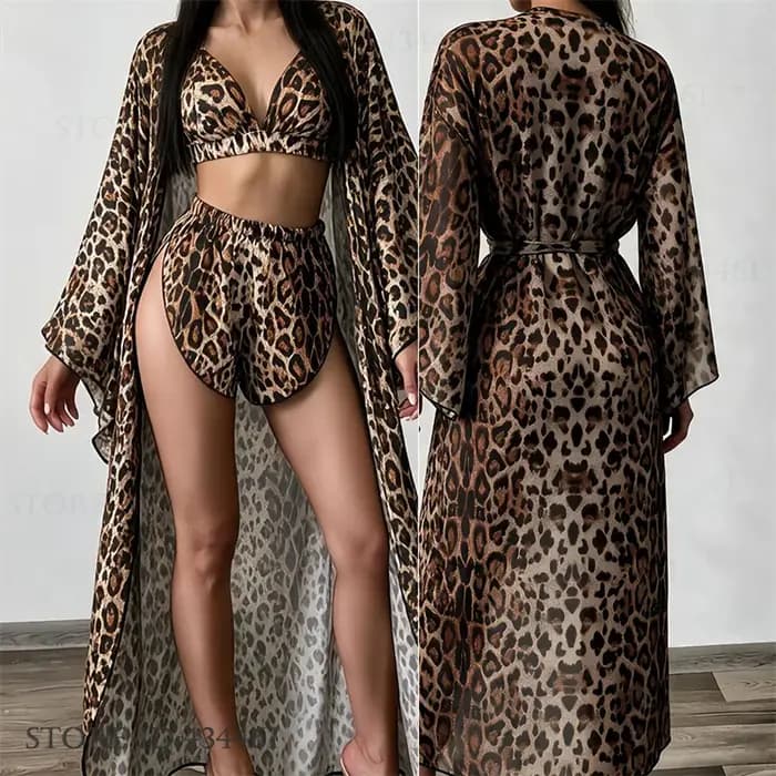 Ensemble de pyjama 3 pièces à imprimé léopard pour femme, lingerie d'été, vêtements de nuit en satin, kimono, peignoir, robe ample décontractée pour la maison, pijama.