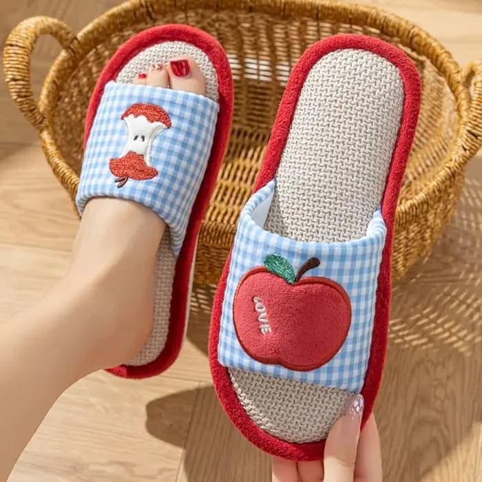 Kawaii fraise maison lin pantoufles anti-dérapant lin doux