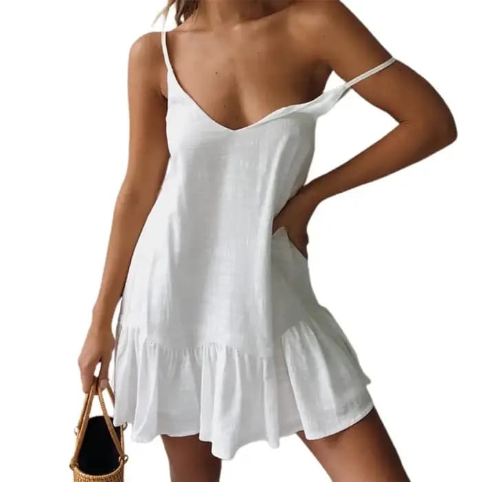 Robe d'été à bretelles Spaghetti pour femmes, épaules dénudées, blanche, à volants, Sexy, Mini, en c