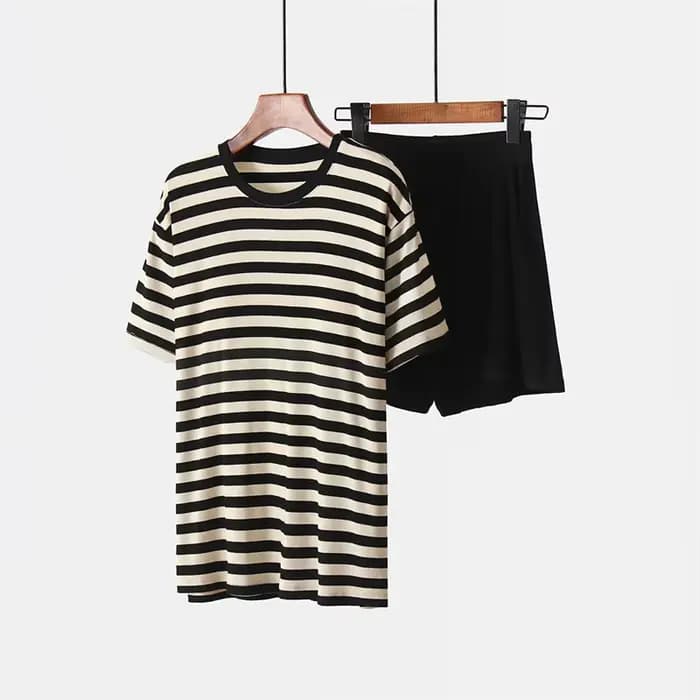 Pyjama d'été coréen grande taille confortable pour femme – Ensemble de vêtements de nuit tendance à rayures