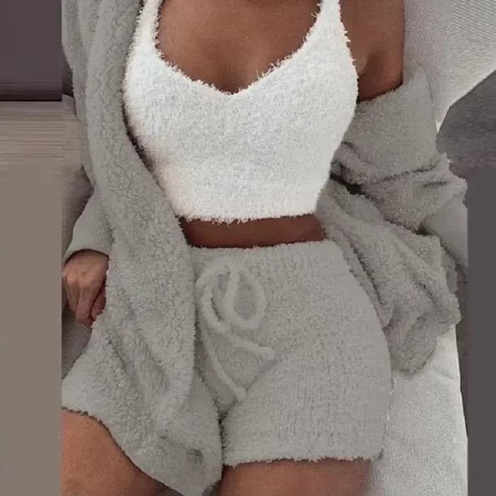 Nouvel ensemble de pyjama en velours pour femme 2026 – Haut court sexy + short + veste – 3 pièces – Tenue décontractée