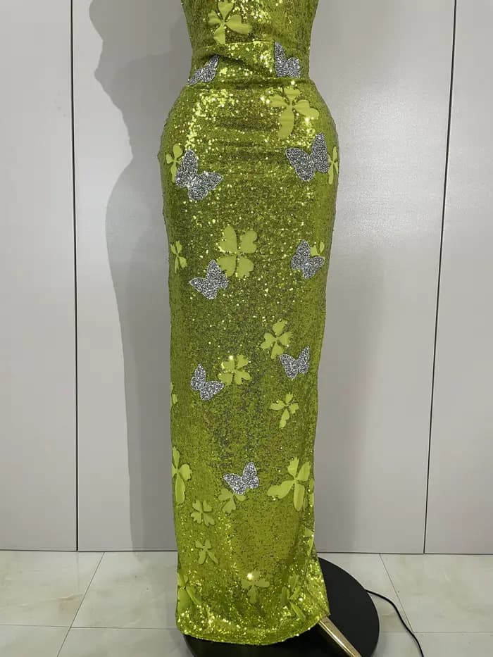 Élégant brillant papillon cristal Sexy licou vert moulante longue robe femmes célébrer soirée fête d